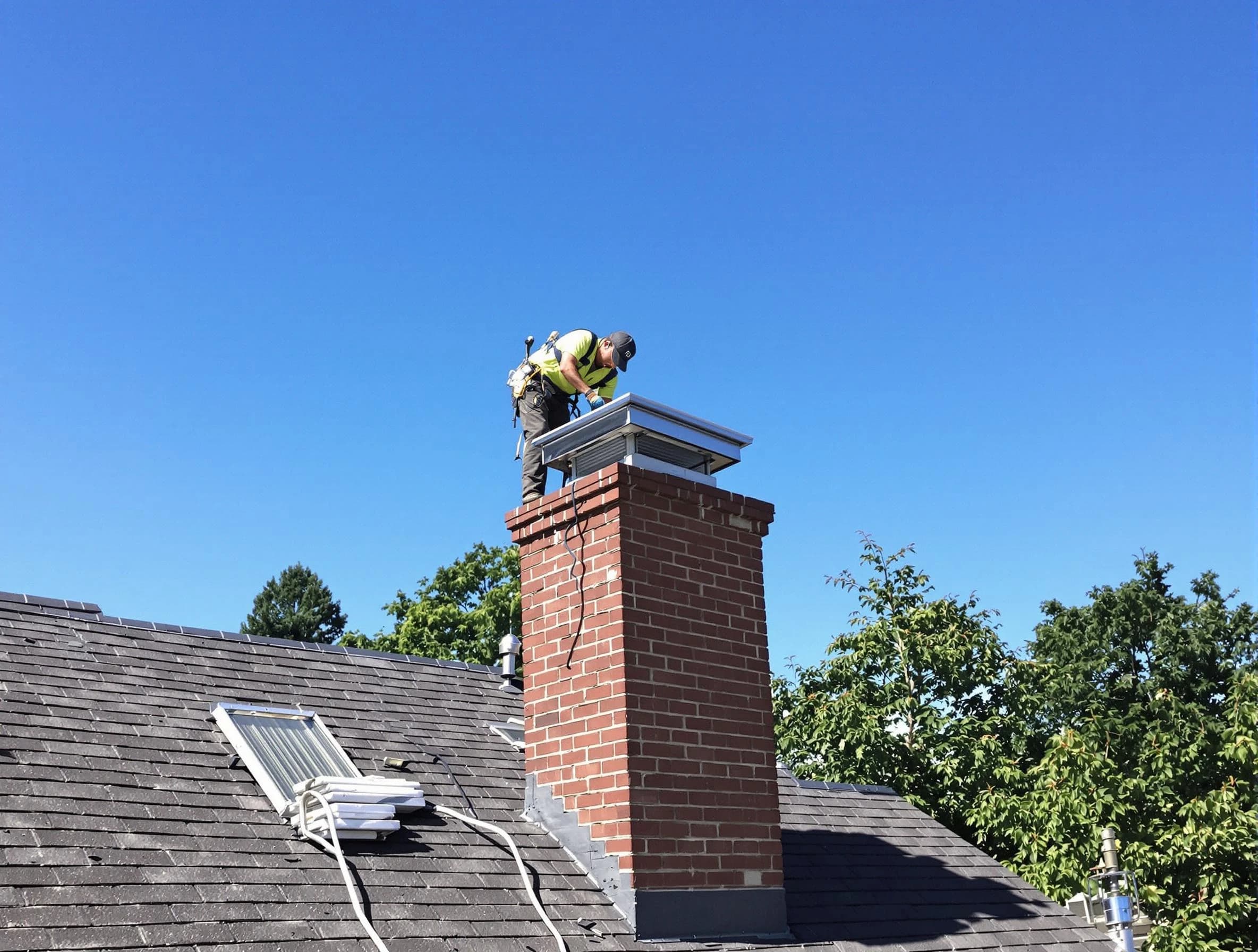 Brookline Chimney Sweep technician measuring a chimney cap in Brookline, MA