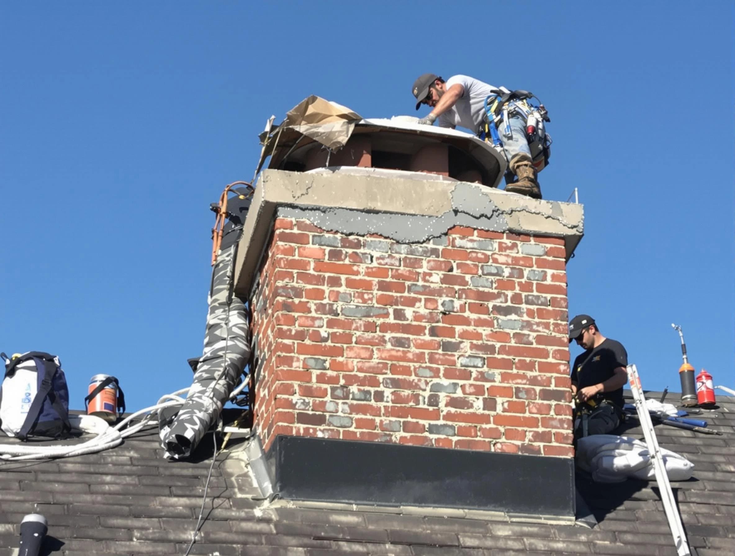 Brookline Chimney Sweep installing a custom chimney crown in Brookline, MA