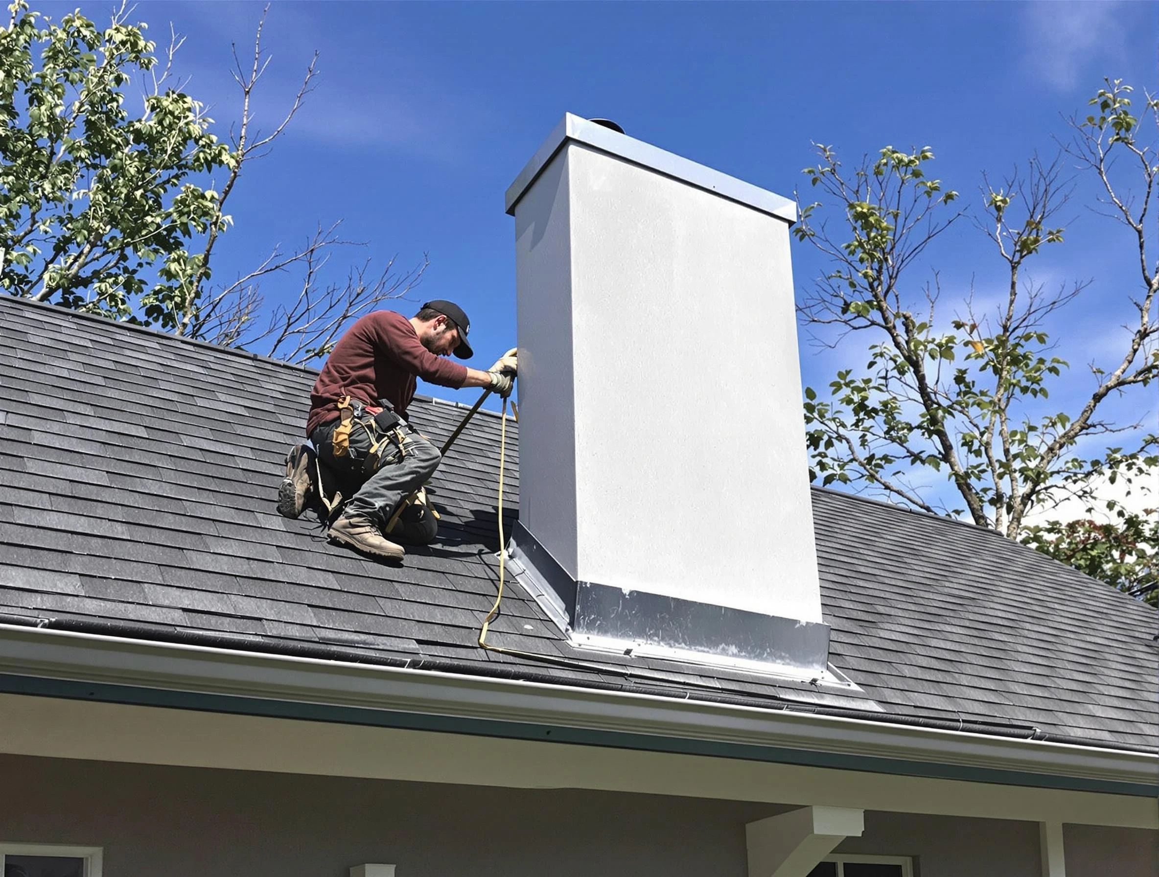 Brookline Chimney Sweep team member finishing chimney construction in Brookline, MA