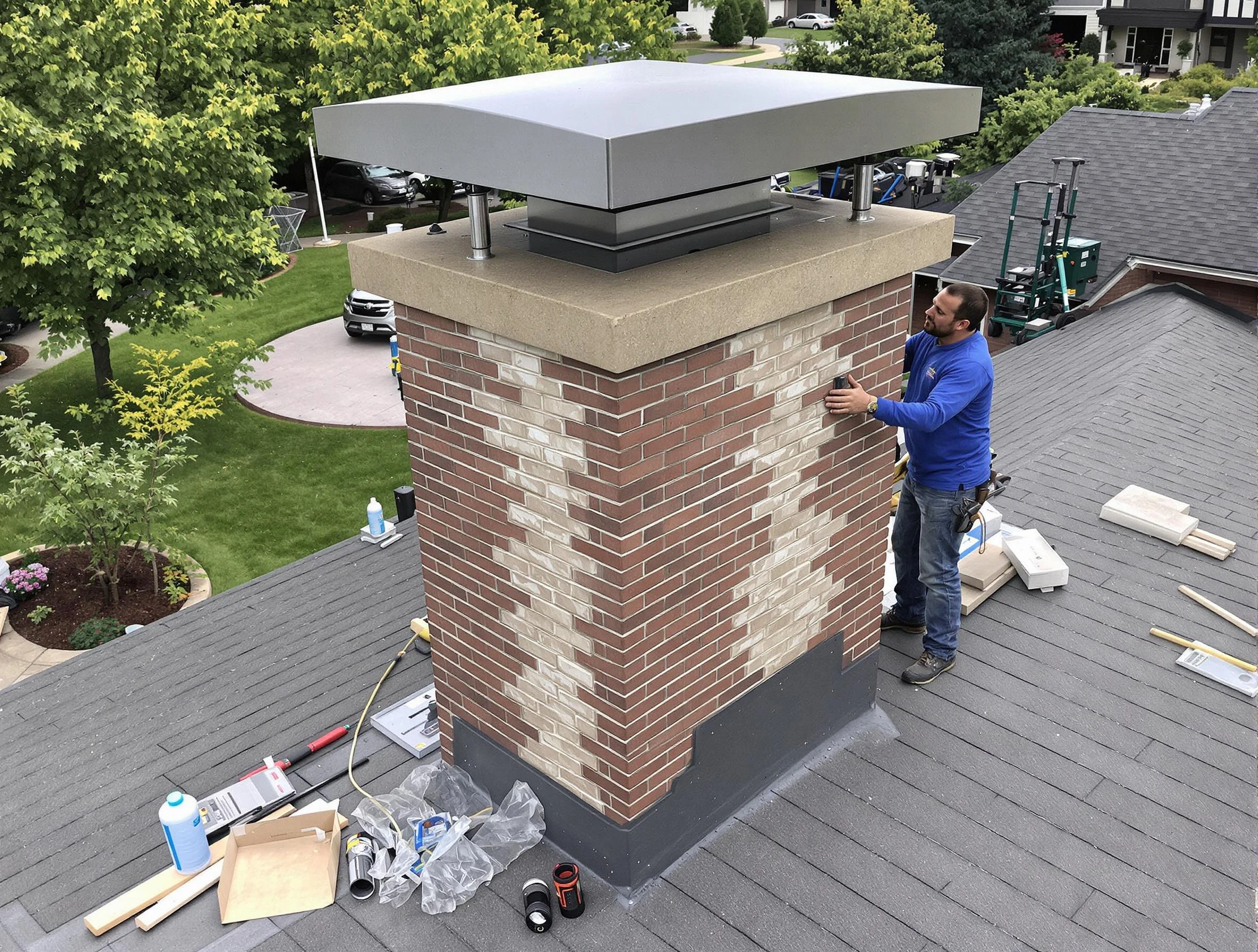 Brookline Chimney Sweep team working on a custom chimney remodel in Brookline, MA