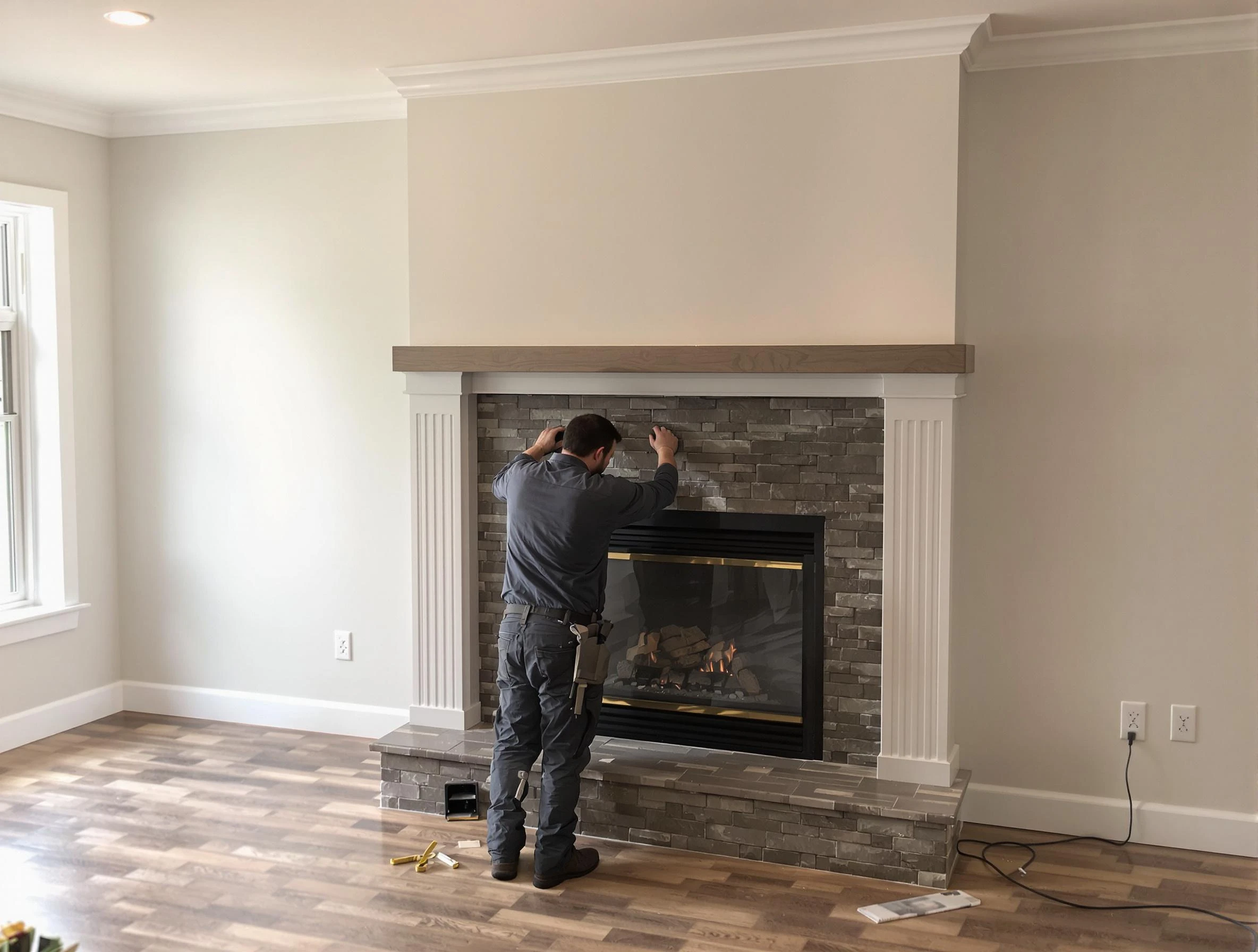 Brookline Chimney Sweep finishing a custom fireplace install in Brookline, MA